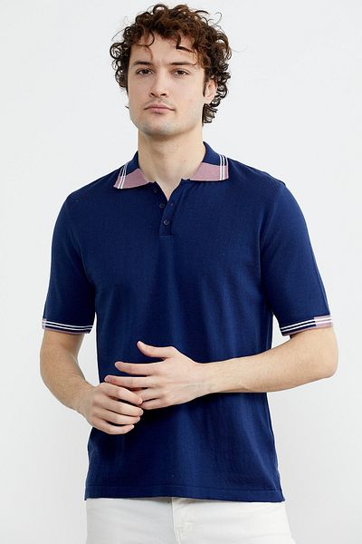 Sementa Πλεκτό μπλουζάκι Polo Neck κοντομάνικο - Navy Blue
