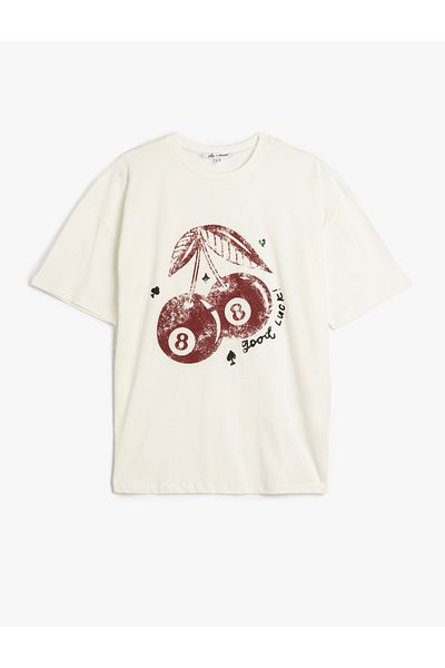 Koton Cherry Printed Short Sleeve Crew Neck Oversize T-Shirt