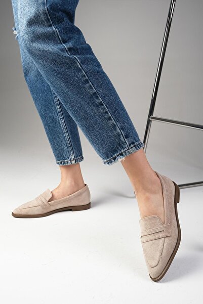 Mio Gusto River Hakiki Süet Bej Renk Kadın Loafer Günlük Düz Ayakkabı
