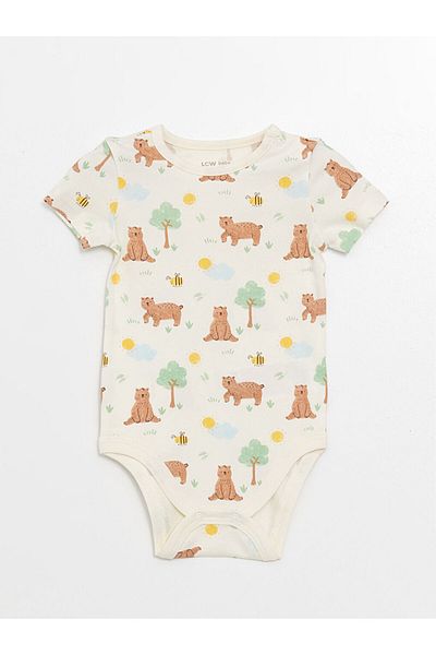 LC Waikiki Lcw Crew Neck Short Sleeve Printed Snap Closure Bodysuit and Shorts 2-Piece Set Fast Fashion