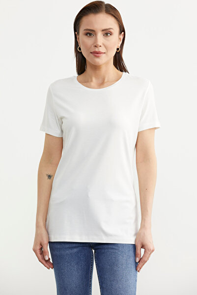 Sementa Ecru Color - Null Collar Short Sleeve Basic T-Shirt