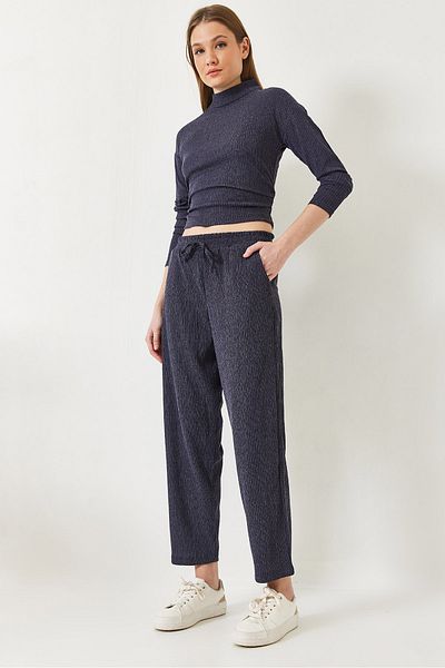 Bianco Lucci Women's Crop Blouse and Elastic Waist Pants Bottom Top Suit 60261363