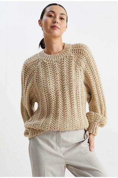 Mercanbutik Silvery Knitted Textured Crew Neck Sweater