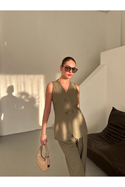 Laluvia Khaki virággombos mellény nadrág szett - 8544