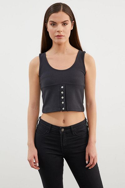Sementa Ribbed Crop T-Shirt with Strappy Button Detail - Black
