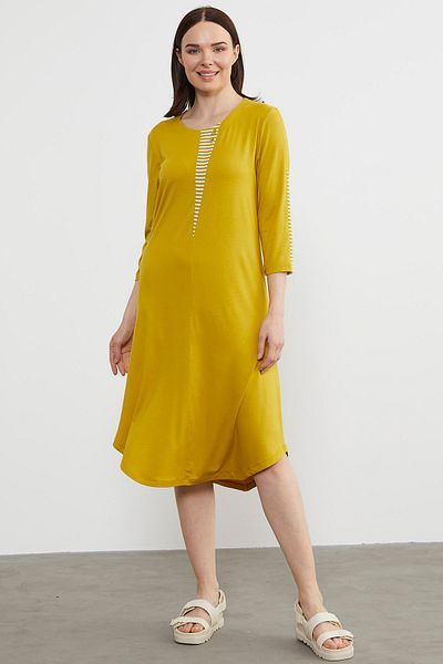 Sementa Stripe Detailed Flowing Combed Cotton Dress - Mustard