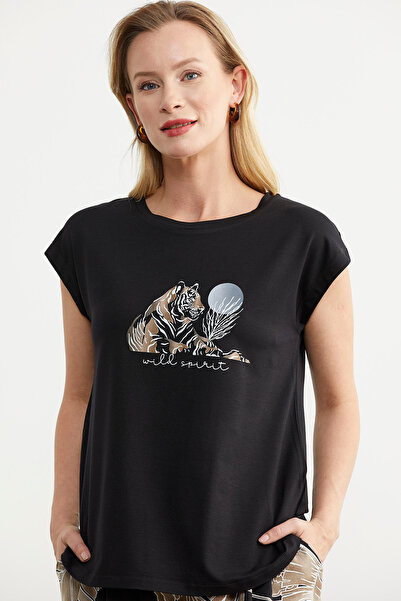 Sementa Black Viscose T-Shirt - Low Sleeve and Printed