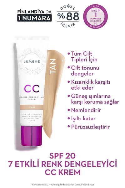 LUMENE CC Cream Shade Tan-7 - Effective Color Balancing, CC Cream SPF 20 - Dark