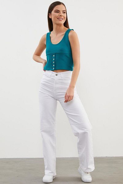 Sementa Tricou crop cu nervuri cu detaliu de nasturi cu bretele - Petrol