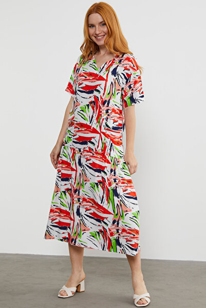 Sementa V-Neck Plus Size Dress with Pocket Detail - Ecru