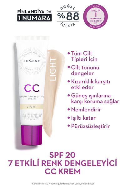 LUMENE CC Cream Shade Light-7 - Effective Color Balancing, CC Cream, SPF 20, Light