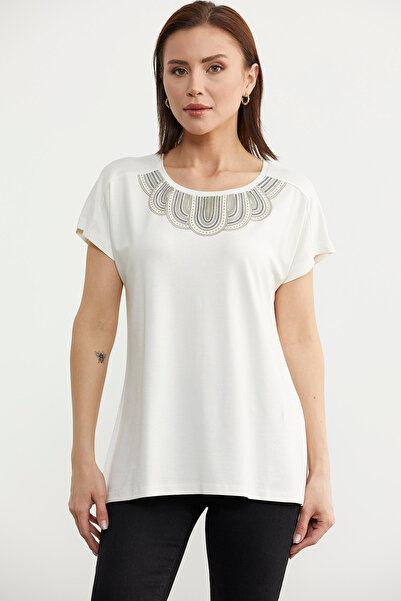 Sementa Ecru Combed Cotton T-Shirt - Λεπτομέρεια πέτο και ντραπέ