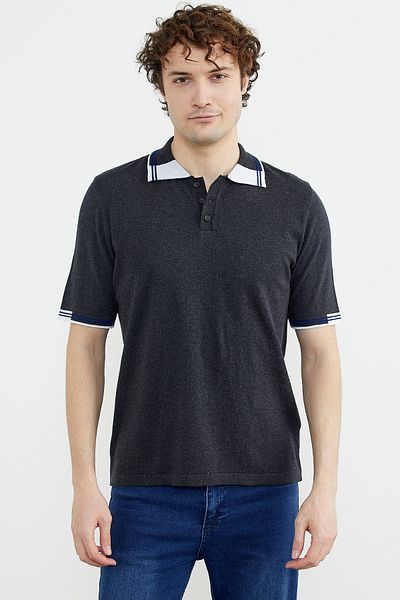 Sementa Πλεκτό μπλουζάκι Polo Neck κοντομάνικο - Ανθρακί