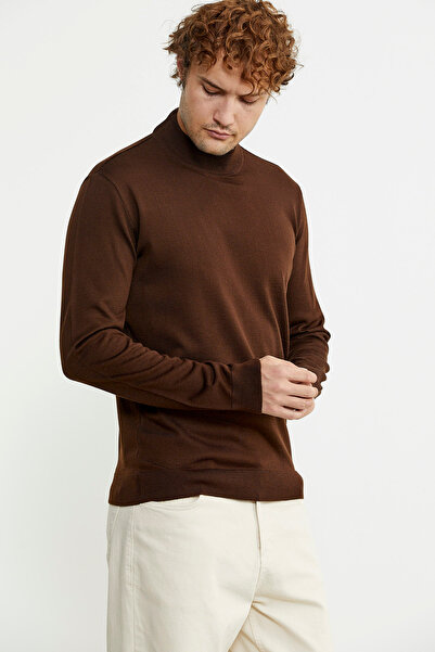 Sam Мъжки плетен пуловер - полуполо, кафяв