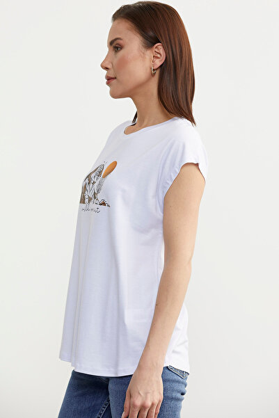 Sementa Λευκό μπλουζάκι βισκόζης - Χαμηλό μανίκι και στάμπα