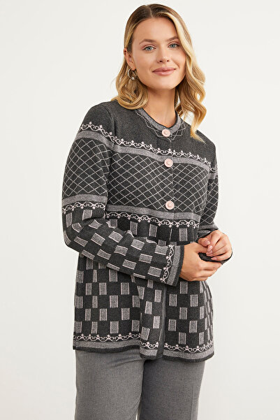 Sementa Stand Collar Patterned Buttoned Knitwear Cardigan - Anthracite