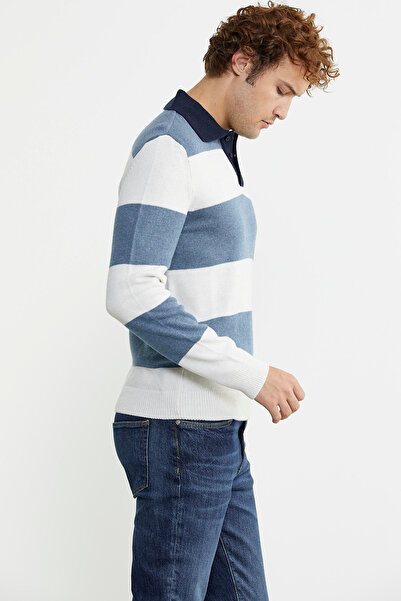 Sementa Μπλε ριγέ πόλο γιακά μάλλινο πλεκτό πουλόβερ