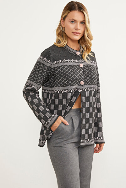 Sementa Stand Collar Patterned Buttoned Knitwear Cardigan - Anthracite