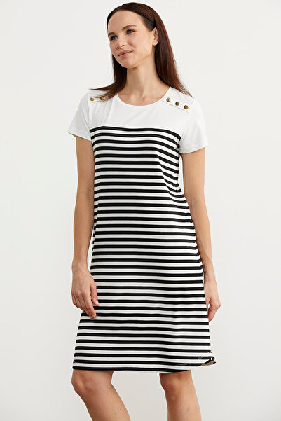 Sementa Φόρεμα με χτενισμένο βαμβακερό ριγέ με λεπτομέρεια με κουμπιά - Μαύρο