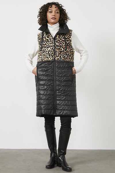 Sementa Quilted Leopard Patterned Long Vest - Black