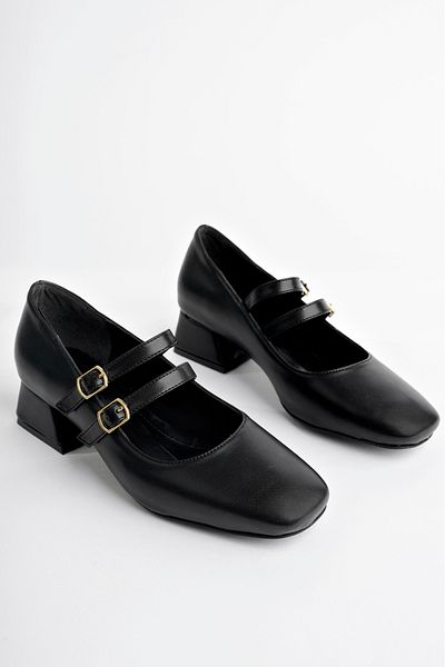 meyra'nın ayakkabıları Women's Black Skin Closed Back Helmet Casual Comfortable Short Heeled Ballerina Shoes