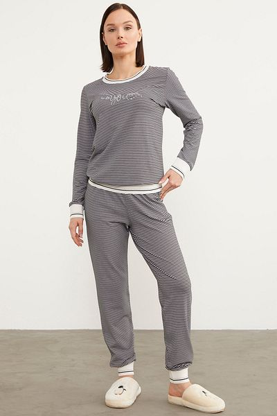 Sementa Striped Crew Neck Pajama Set - Black