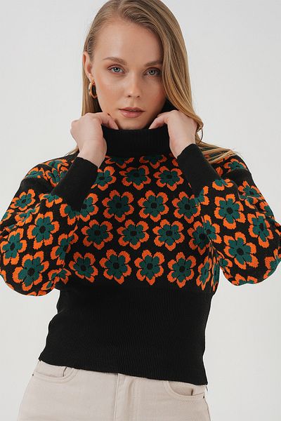 Bigdart 15801 Turtleneck Patterned Crop Sweater - Orange