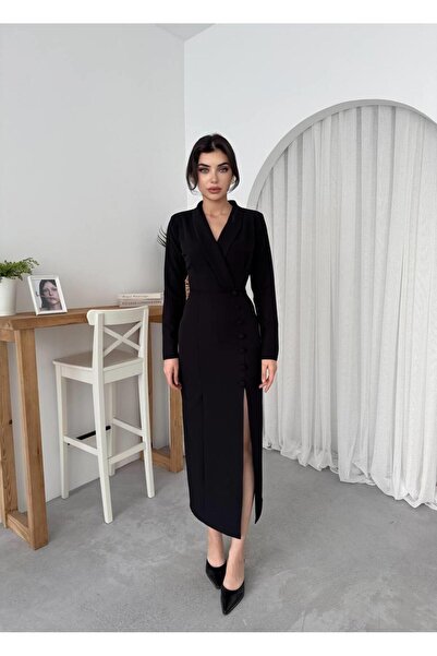 conconmoda Aldina Düğme Detay Atlas Uzun Elbise