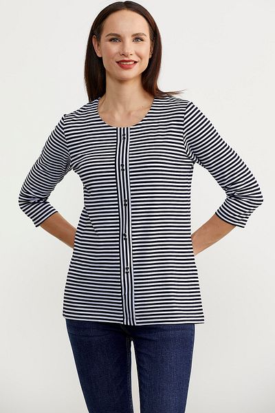 Sementa Striped Long Sleeve Placket T-Shirt - Navy Blue
