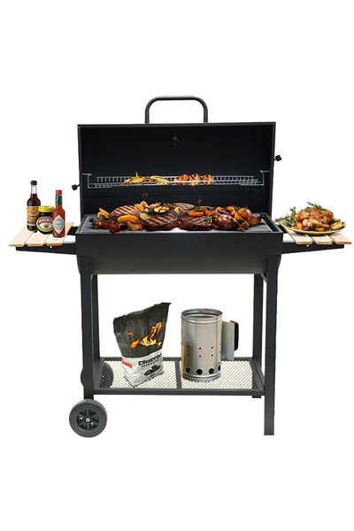 SOMINECO Tekerlekli Kömürlü Dikdörtgen Ahşap Sehpalı BBQ Dökme Demir Kömürlü Mangal  Barbekü Izgara 1813-24S