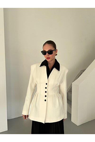 Laluvia Ecru Black Buttoned Design Stamp Jacket