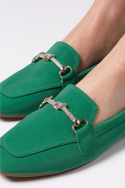 Mio Gusto Marisol Green Color Stoned Buckle Women's Daily Flat Loafer Shoes