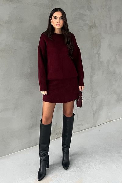 Seda Yalçın Atelier Burgundy Crew Neck Mini Skirt Sweater Set