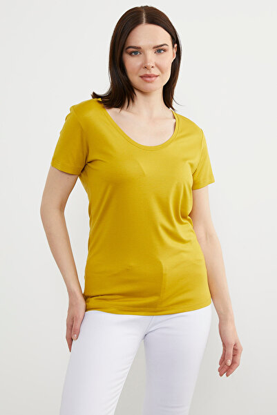 Sementa Open Collar Draped Combed Cotton T-Shirt - Mustard