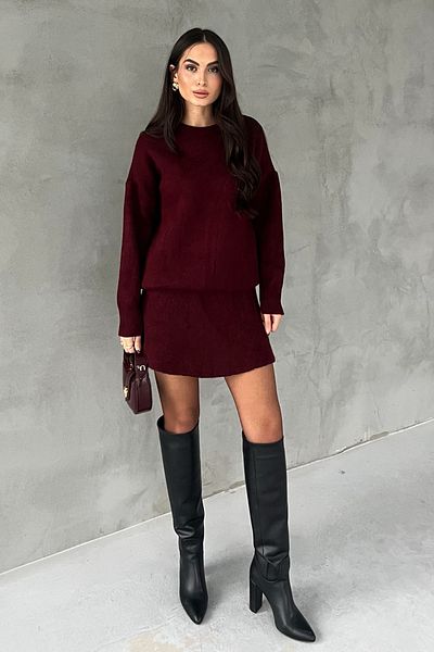Seda Yalçın Atelier Burgundy Crew Neck Mini Skirt Sweater Set
