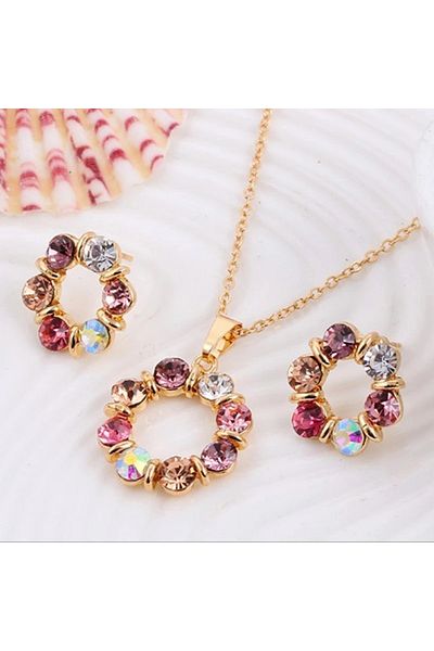 Takıtolia Lovelle - Pink White Zircon Stone Stylish Round Design Gold Encrusted Valentine Gift Necklace Earring Set