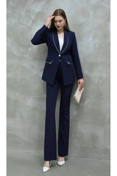 ZF BUTİK Navy Blue Classic Jacket and Trousers Set - Silver Detailed