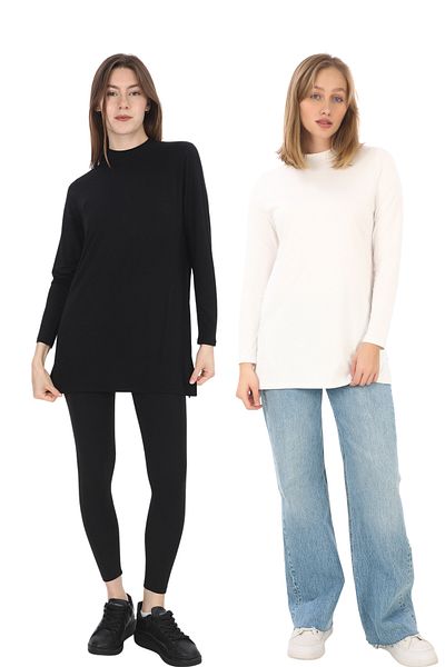 penyebizden Viscose Stand Collar Tunic - 2 Pack, Black & Cream
