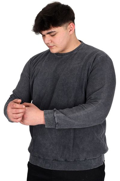 ModeXL Ανδρικό γκρι φούτερ - Crew Neck, Plus Size, Acid Wash Interlock U24175