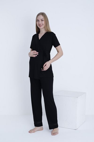 Miss Dünya Lissa V-Neck Front Tie Lace Detail Short Sleeve Knitted Maternity and Maternity Pajamas Set