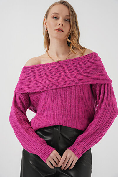 Bigdart 15908 Γυναικείο Πλεκτό Πουλόβερ με Ανοιχτό Ώμο - Σκούρο Ροζ