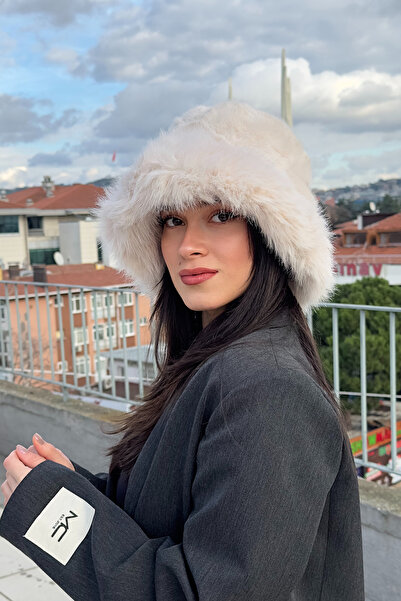 Mollycrush Suni Kürklü Peluş Bucket Kalpak Şapka Luxury Kadın Bej Rus Slav Tarzı