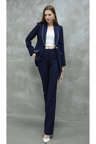 ZF BUTİK Kadın Gümüş Detay Klasik Ceket Pantolon Takım Lacivert
