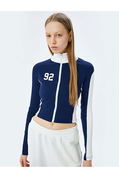 Koton New Season Zippered Stand Collar Slogan Printed T-Shirt