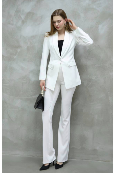 ZF BUTİK Kadın Gümüş Detay Klasik Ceket Pantolon Takım Beyaz