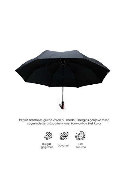 Biggdesign Moods Up Premium Ahşap Saplı Siyah Otomatik Şemsiye, Rüzgara Dayanıklı, Hızlı Kuruyan