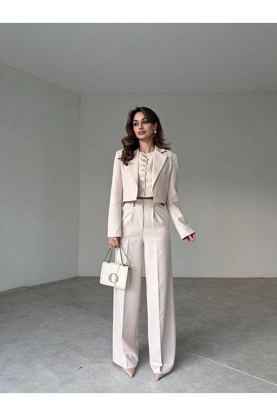 MAXMOOR Women's Cream High Waist Pants Vest Jacket 3-Piece Suit