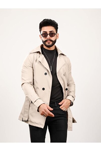 BYBEYEMS GİYİM Erkek Krem Regular Fit Ceket Yaka Trençkot Mont