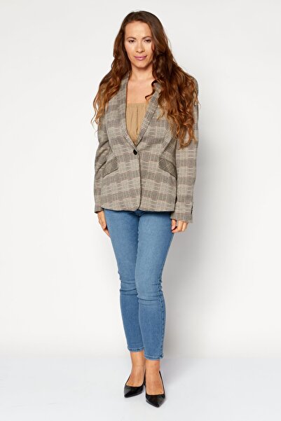 Esprit Women Regular Fit Plaid Blazer, Beige Combo