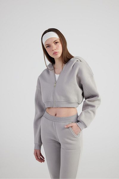 HOLLY LOLLY Women's Gray Hooded Long Sleeve Zippered Crop Mixed Sweat
